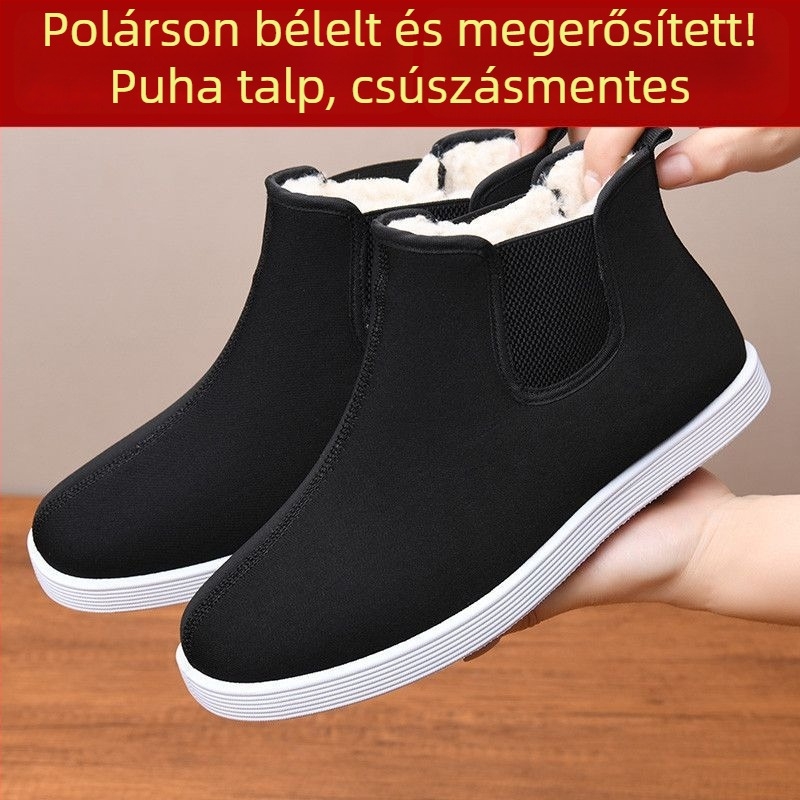 Férfi téli magas szárú csizma, vastag meleg pamut bélés, felső rész: szintetikus bőr, csúszásmentes gumírozott talp
