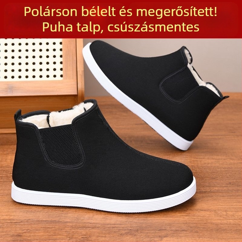Férfi téli magas szárú csizma, vastag meleg pamut bélés, felső rész: szintetikus bőr, csúszásmentes gumírozott talp