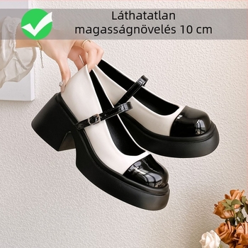Mary Jane cipő belső magasságnövelő sarkú, négyzetes orrú, vastag platforma, mikroszálas felső és bélés, csat lezárás