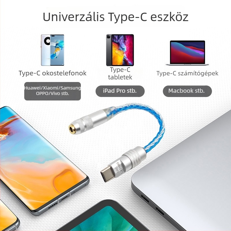 Type-C 3,5 mm audió kábel DAC digitális dekódolással, ezüstözött réz vezetővel, modell LC-0001