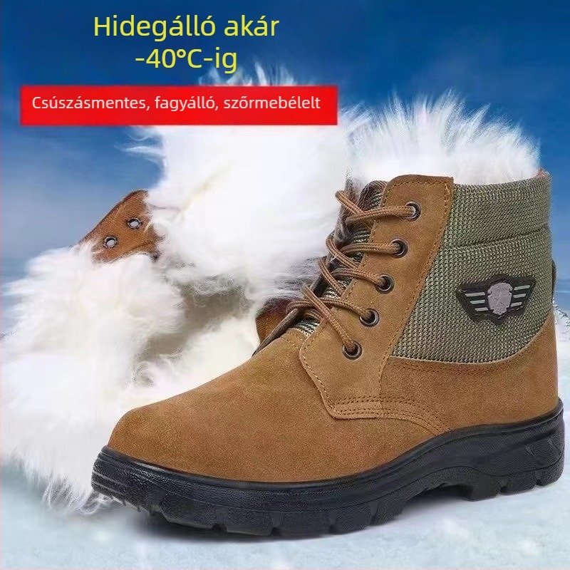 Téli hócipő, valódi bőr felsőrésszel, gyapjú bélés, csúszásmentes gumitalp, kerek orr