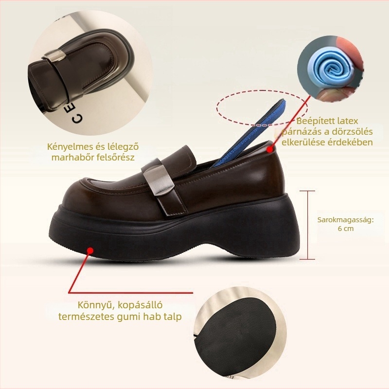Női bőr loaferek vastag talppal, kerek orr, Velcro-zárás, koreai stílus, 6–8 cm sarka