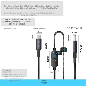 DC–Type-C notebook töltőkábel digitális kijelzővel, állítható feszültség, 140W PD, szövött kábel