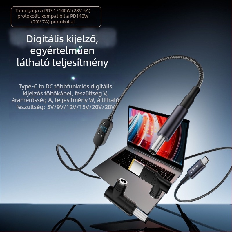 DC–Type-C notebook töltőkábel digitális kijelzővel, állítható feszültség, 140W PD, szövött kábel
