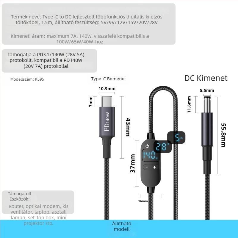 DC–Type-C notebook töltőkábel digitális kijelzővel, állítható feszültség, 140W PD, szövött kábel