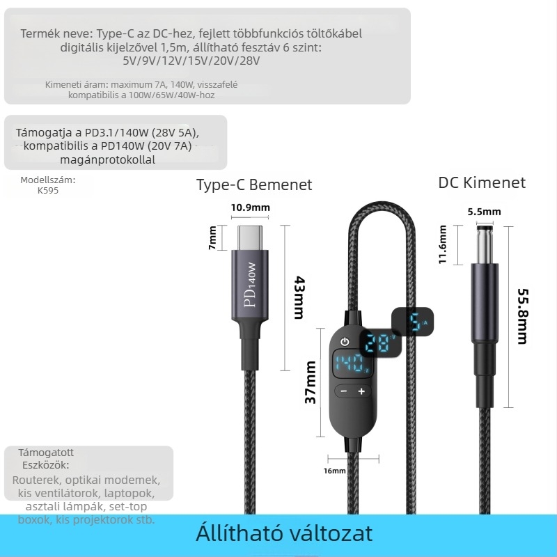 DC–Type-C notebook töltőkábel digitális kijelzővel, állítható feszültség, 140W PD, szövött kábel