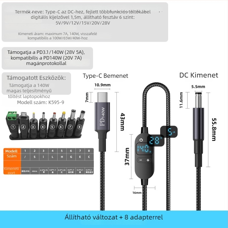DC–Type-C notebook töltőkábel digitális kijelzővel, állítható feszültség, 140W PD, szövött kábel