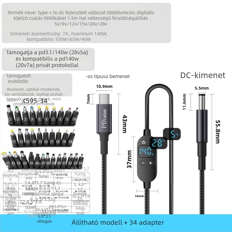 DC–Type-C notebook töltőkábel digitális kijelzővel, állítható feszültség, 140W PD, szövött kábel