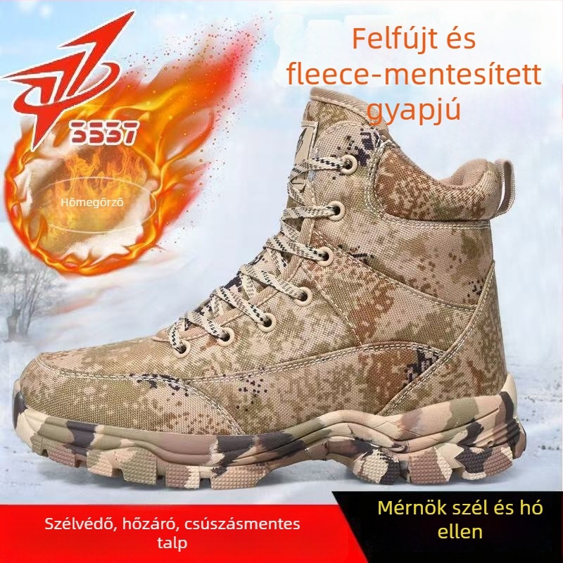 Férfi téli hótaposó, szőrrel integrált felsőrésszel, gyapjú bélés, csúszásmentes gumitalp, kamuflázs mintázat, előlről fűzővel