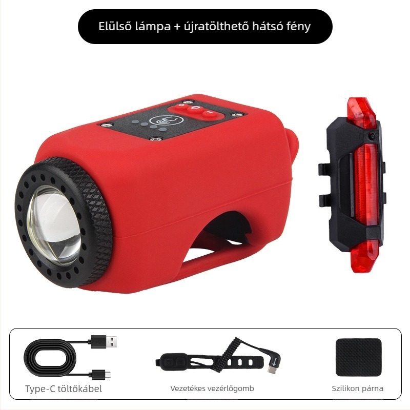 Kerékpár első fénye USB-töltésű kürttel, gyerekcsengő és zseblámpa, esőálló MTB felszerelés