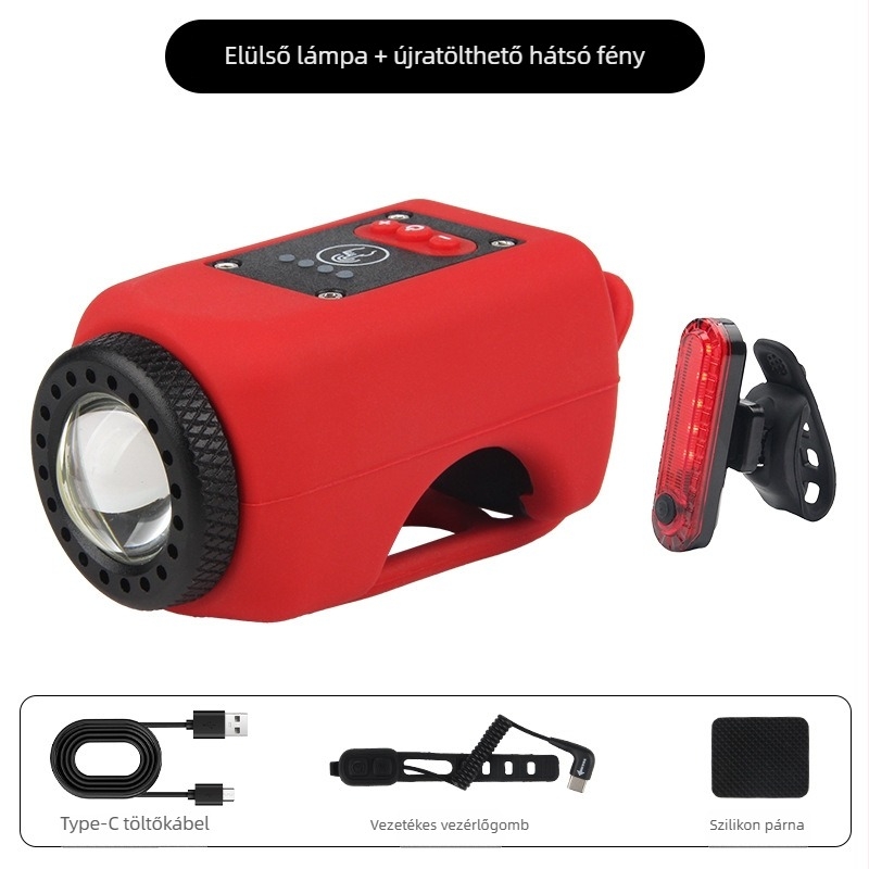 Kerékpár első fénye USB-töltésű kürttel, gyerekcsengő és zseblámpa, esőálló MTB felszerelés