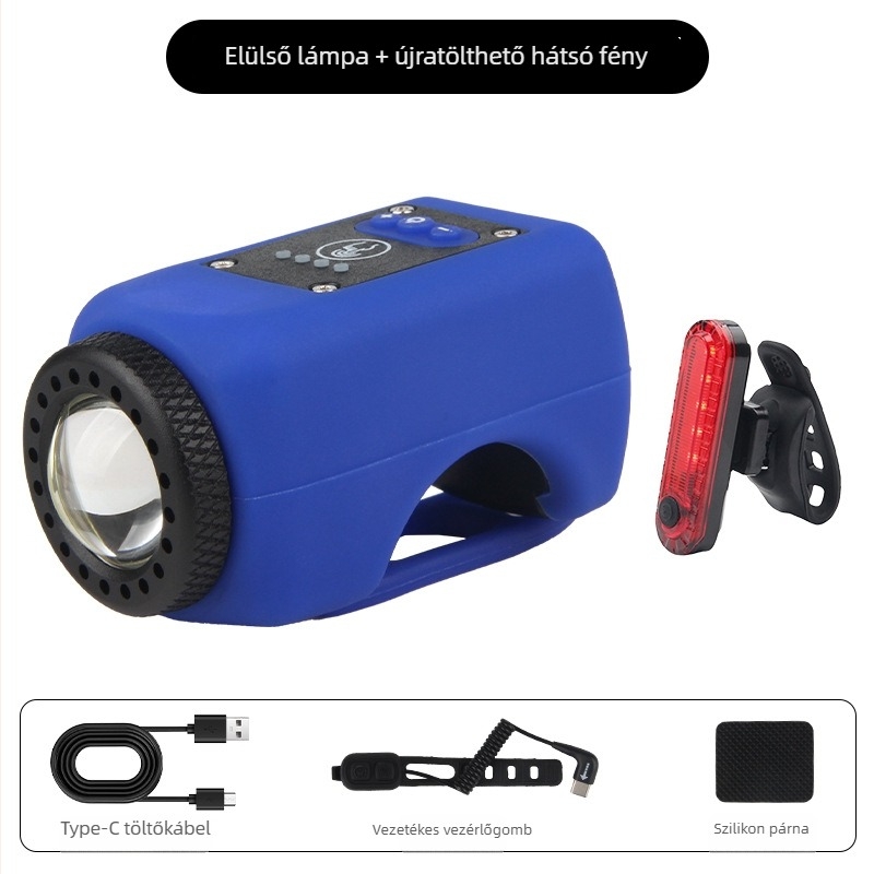Kerékpár első fénye USB-töltésű kürttel, gyerekcsengő és zseblámpa, esőálló MTB felszerelés