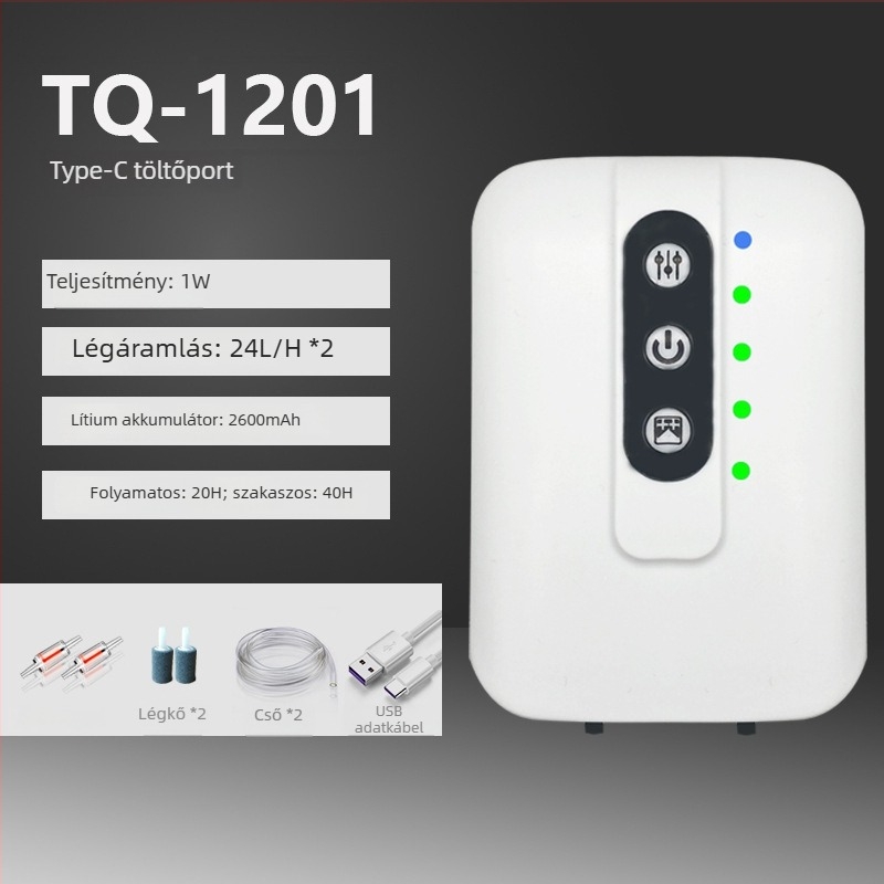Type-C töltésű oxigénpumpa, AC/DC kettős tápegységgel, kültéri horgászathoz és akváriumi oxigénellátáshoz