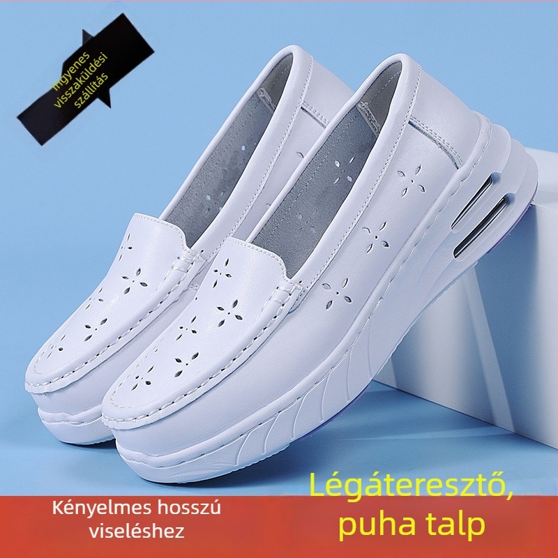 Női nővércipő valódi bőrből kórházi használatra — kerek orr, középmagas sarok 3-5 cm, könnyű, lélegző, csúszásmentes EVA talp