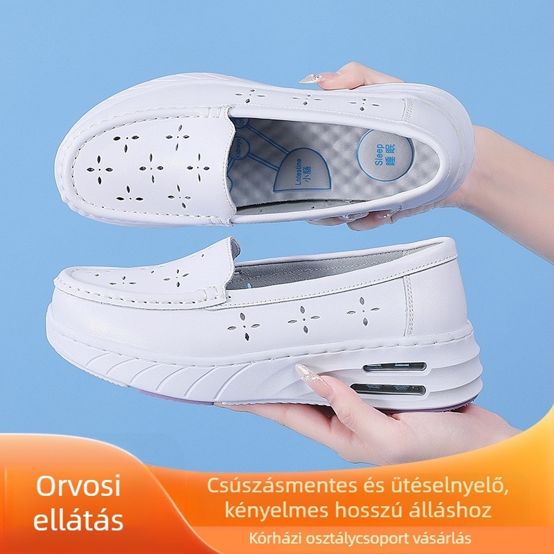 Női nővércipő valódi bőrből kórházi használatra — kerek orr, középmagas sarok 3-5 cm, könnyű, lélegző, csúszásmentes EVA talp