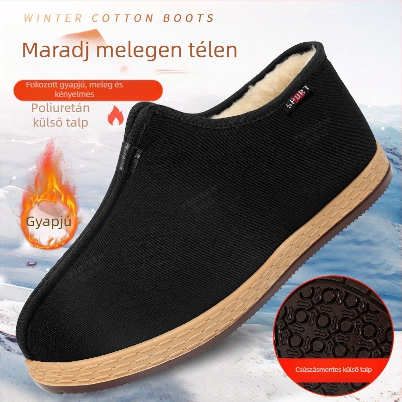 Téli férfi házicipő textile felsővel és vastagolt juhgyapjú belsővel, csúszásmentes puha talppal, slip-on