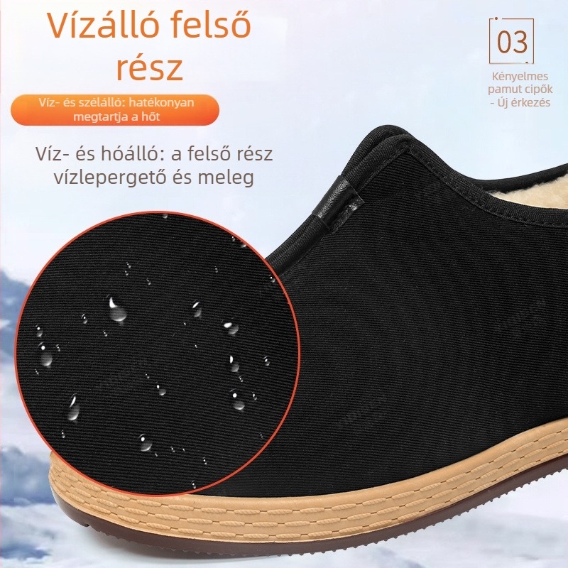Téli férfi házicipő textile felsővel és vastagolt juhgyapjú belsővel, csúszásmentes puha talppal, slip-on