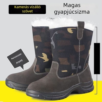 Uniszex téli hócipő, kézzel készített, felső része szőrme bevonatú, vízálló és csúszásmentes, belső gyapjú–szőrme bélés, gumírozott talp