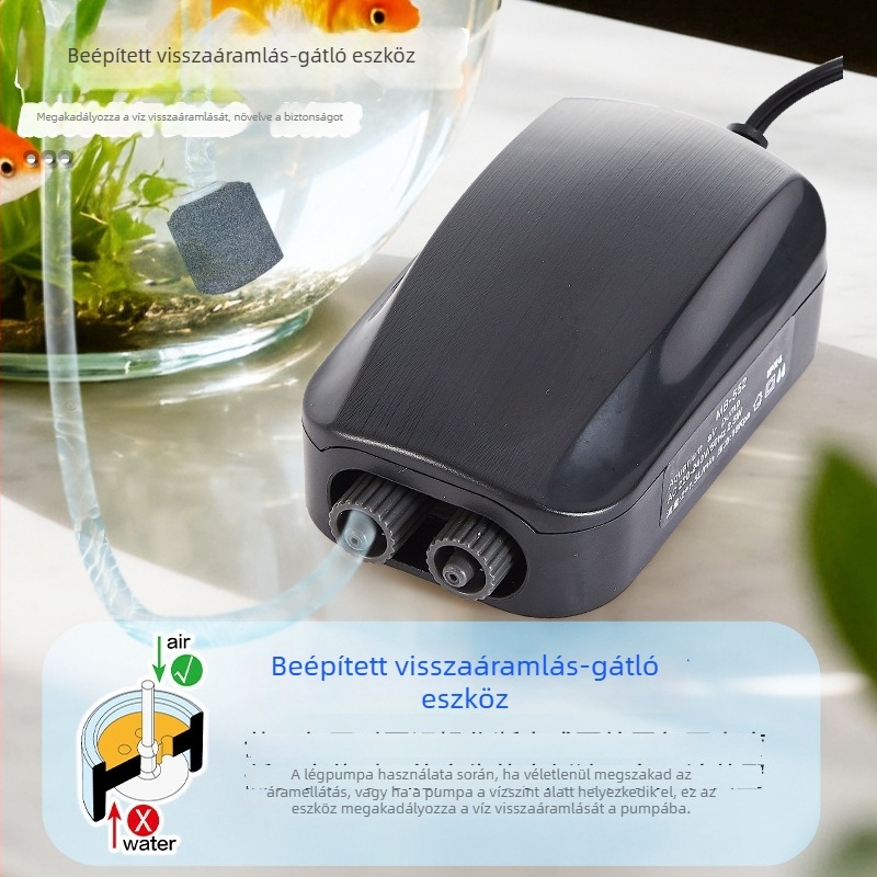 Kétlyukas, állítható oxigénpumpa akváriumba, 2,5 W, kompakt és csendes