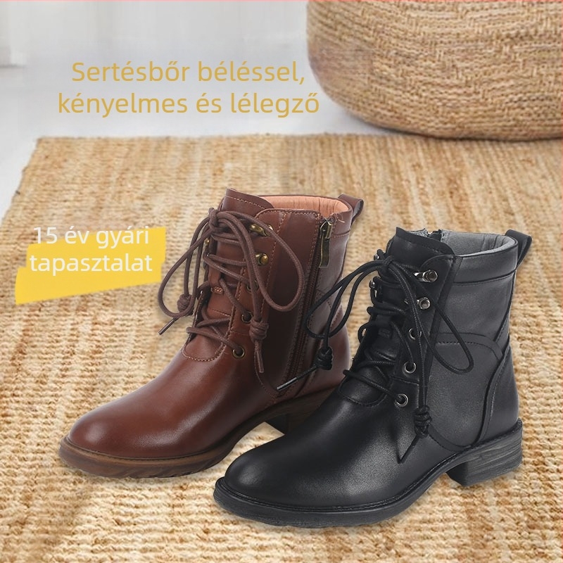 Női Martin csizmák brit stílusban, valódi disznó bőr, középmagas, gumírozott talp, cipzár, kerek orr, 3-5 cm sarok