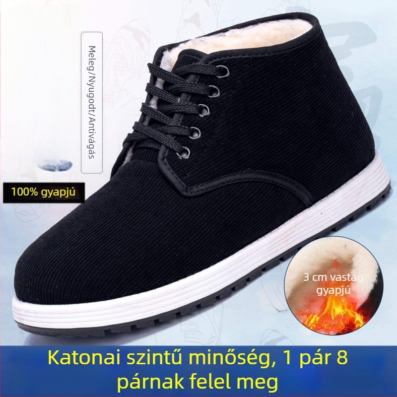 Hócipő - Magas szárú, Gyapjú belsővel, Pamut felsőrész, Csúszásmentes gumitalp, Vulkanizált talp, Téli