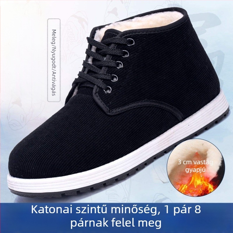 Hócipő - Magas szárú, Gyapjú belsővel, Pamut felsőrész, Csúszásmentes gumitalp, Vulkanizált talp, Téli