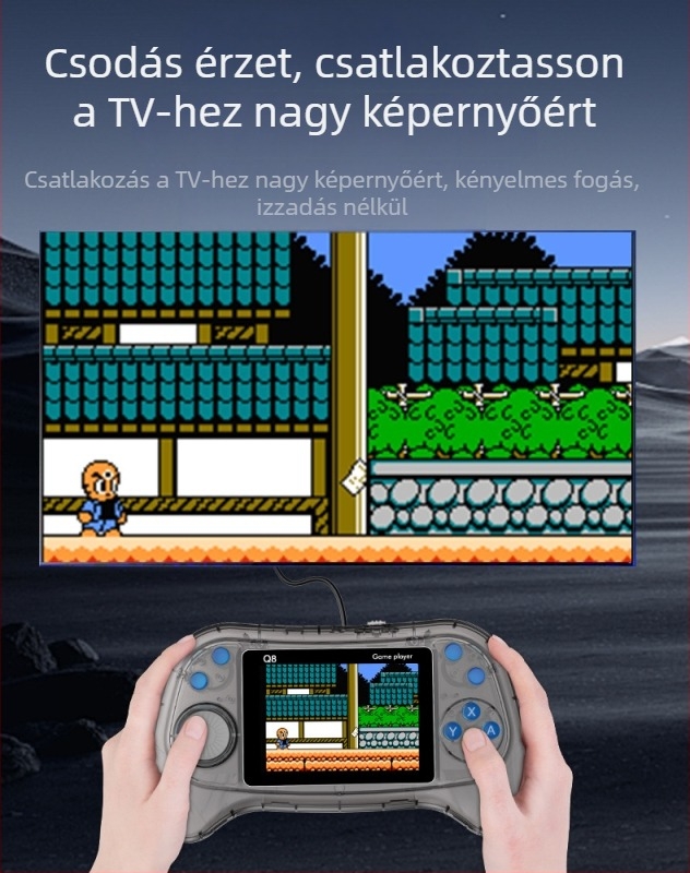 Kézben tartható retro játékkonzol 800 beépített játékkal, kétfős mérkőzés, 8 bites operációs rendszer, USB interfész, AV kimenet