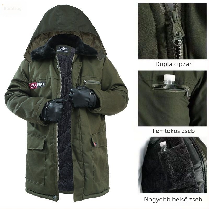 Kamuflált pamut kabát fleece béléssel, középhosszú, munkaruha fiúknak