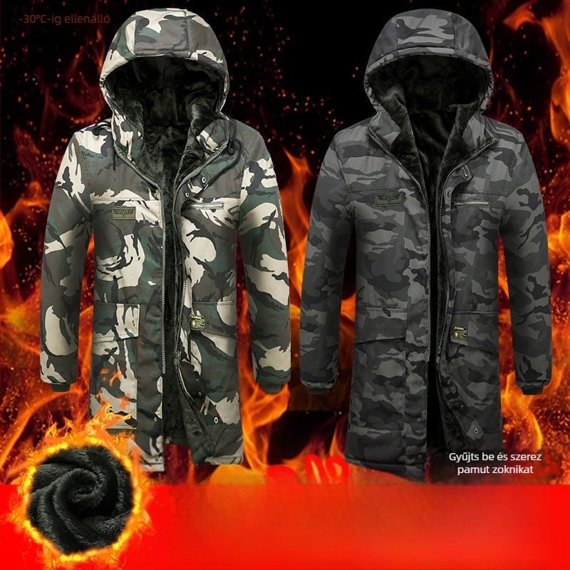 Kamuflált pamut kabát fleece béléssel, középhosszú, munkaruha fiúknak