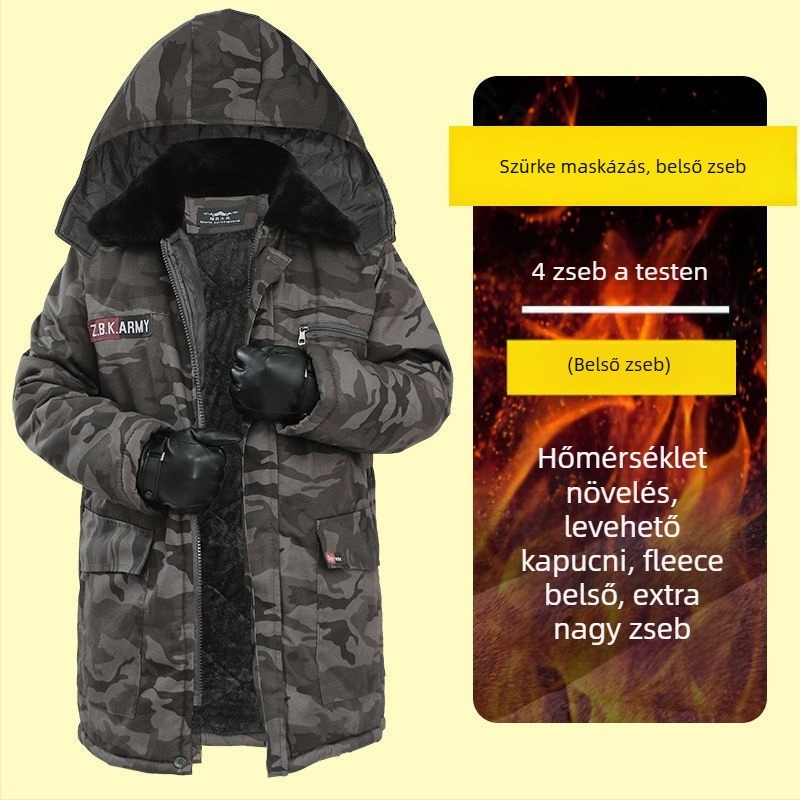 Kamuflált pamut kabát fleece béléssel, középhosszú, munkaruha fiúknak