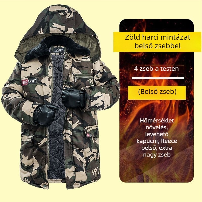 Kamuflált pamut kabát fleece béléssel, középhosszú, munkaruha fiúknak