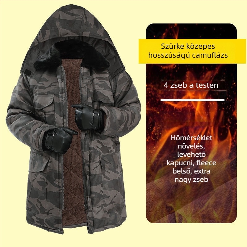 Kamuflált pamut kabát fleece béléssel, középhosszú, munkaruha fiúknak