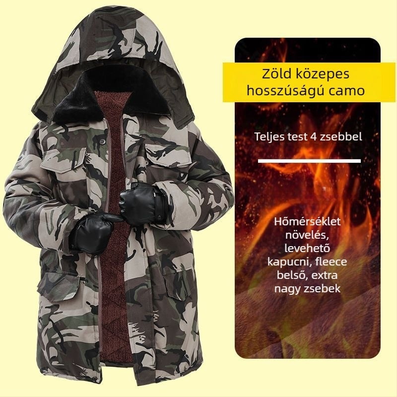 Kamuflált pamut kabát fleece béléssel, középhosszú, munkaruha fiúknak