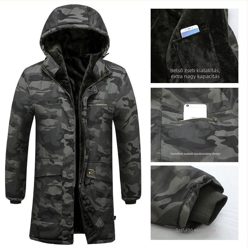 Kamuflált pamut kabát fleece béléssel, középhosszú, munkaruha fiúknak