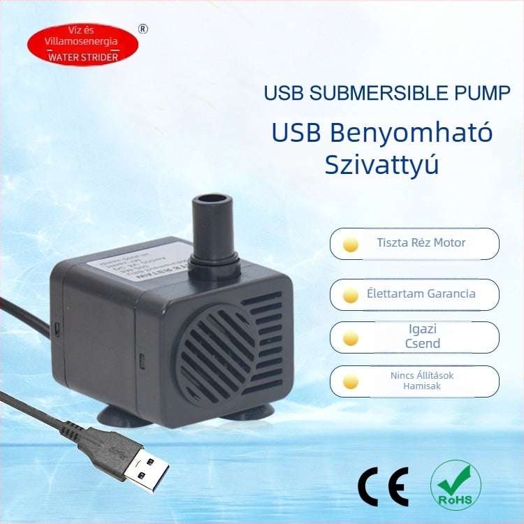 USB-vel működő merülő szivattyú akváriumi körforgáshoz és szűréshez – csendes működés, automatikus priming, ABS test, Crystal WATER STRIDER.