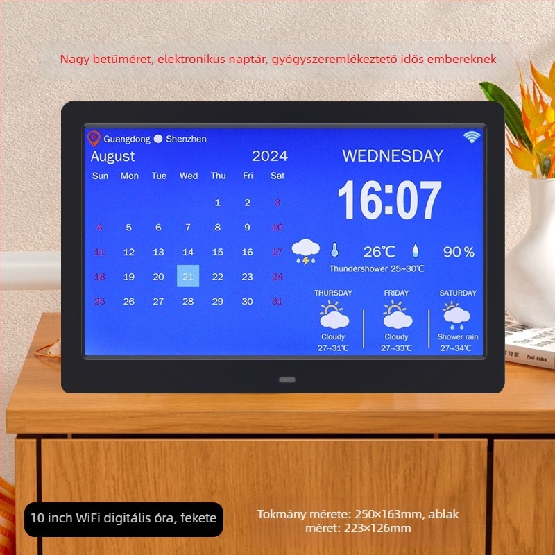 WiFi okos digitális óra DPF-808, hőmérséklet- és páratartalom szenzorral, videólejátszás, 800x600 felbontás, SD/USB támogatás
