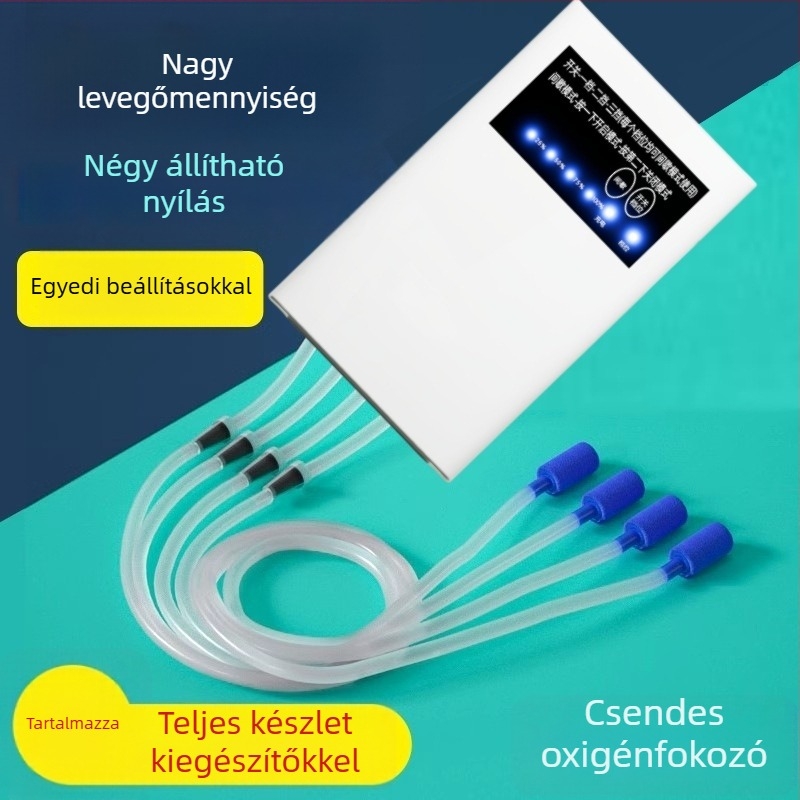 Töltőre csatlakoztatható oxigénpumpa akváriumhoz és kültéri horgászathoz; több kimenetű aerátor hosszú akkumulátor-üzemidővel.