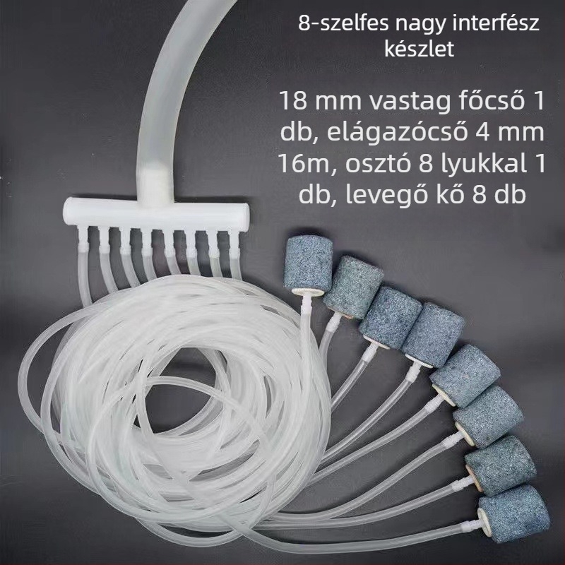 Akvarisztikai aerátor kiegészítők: homokfejű buborékkő, levegőpumpa, levegőelosztó, levegőcsövek
