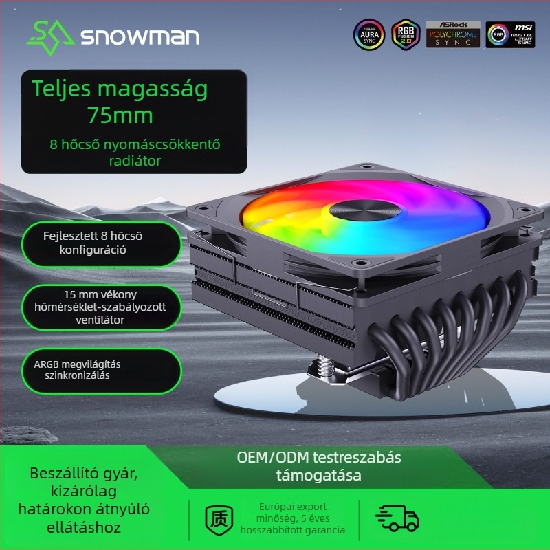 Snowman CPU hűtő 6 hőcsővel, réz- és alumínium ötvözet, hidraulikus csapágy, 800–2100 RPM, zaj 15–30 dBA