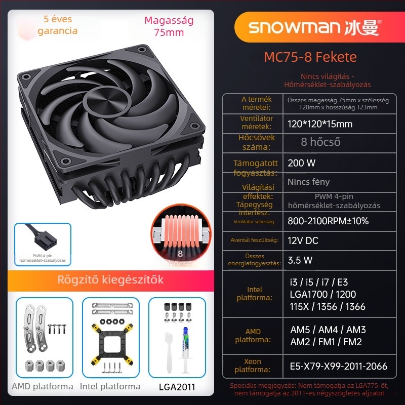 Snowman CPU hűtő 6 hőcsővel, réz- és alumínium ötvözet, hidraulikus csapágy, 800–2100 RPM, zaj 15–30 dBA