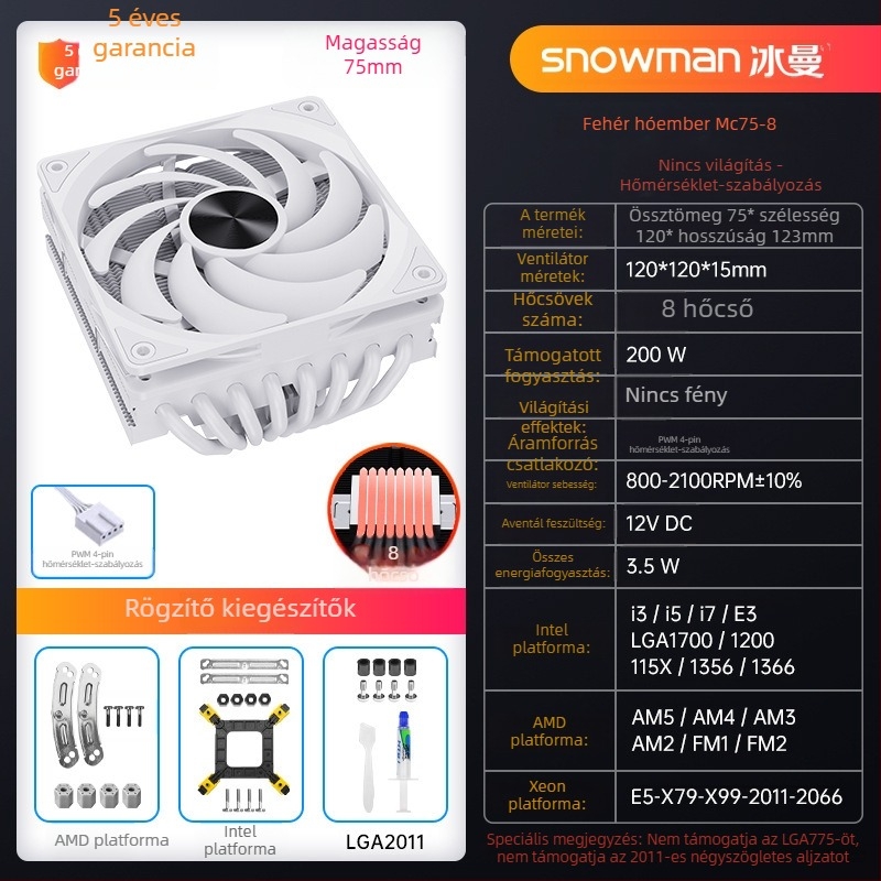 Snowman CPU hűtő 6 hőcsővel, réz- és alumínium ötvözet, hidraulikus csapágy, 800–2100 RPM, zaj 15–30 dBA