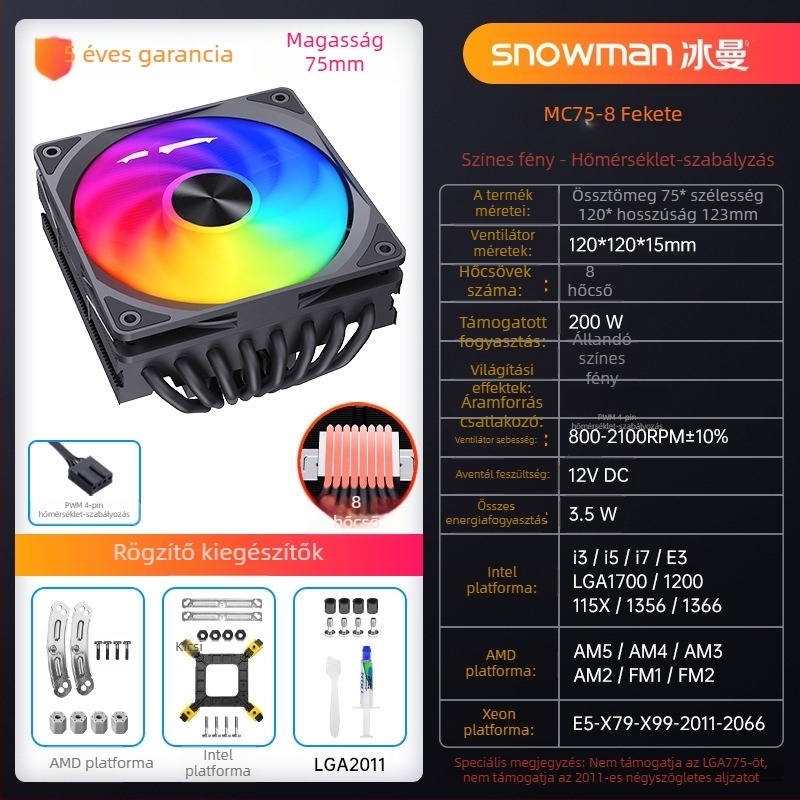 Snowman CPU hűtő 6 hőcsővel, réz- és alumínium ötvözet, hidraulikus csapágy, 800–2100 RPM, zaj 15–30 dBA