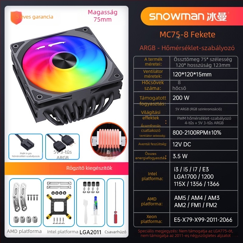 Snowman CPU hűtő 6 hőcsővel, réz- és alumínium ötvözet, hidraulikus csapágy, 800–2100 RPM, zaj 15–30 dBA