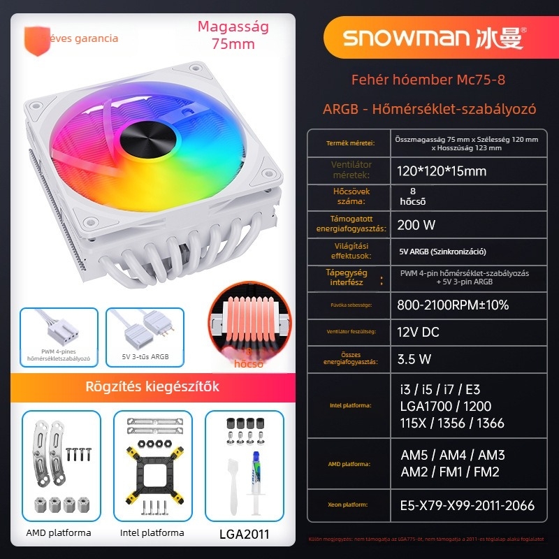 Snowman CPU hűtő 6 hőcsővel, réz- és alumínium ötvözet, hidraulikus csapágy, 800–2100 RPM, zaj 15–30 dBA