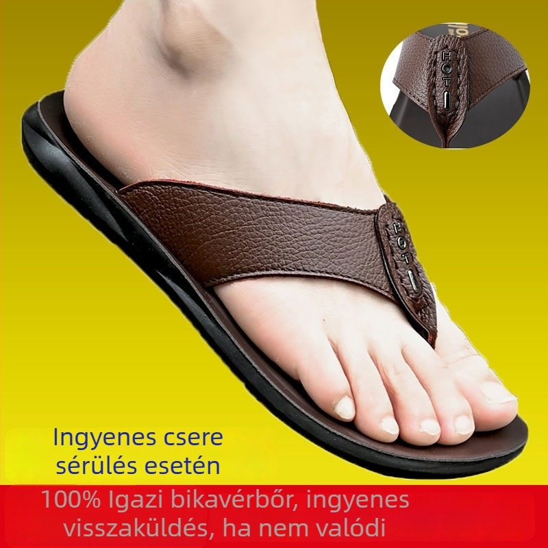 Férfi bőrből készült flip-flopok, légáteresztő, szabadidős stílus, csúszásmentes talp