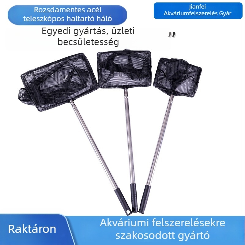 Teleszkópos rozsdamentes acélból készült akvarisztikai háló, négyzet alakú, halak fogására és dekoratív halak számára.