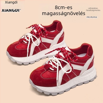 Női mindennapi magasságot növelő cipő, valódi bőr felsőrész, EVA vastag talp, elöl fűződés, kerek orr