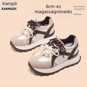 Női mindennapi magasságot növelő cipő, valódi bőr felsőrész, EVA vastag talp, elöl fűződés, kerek orr