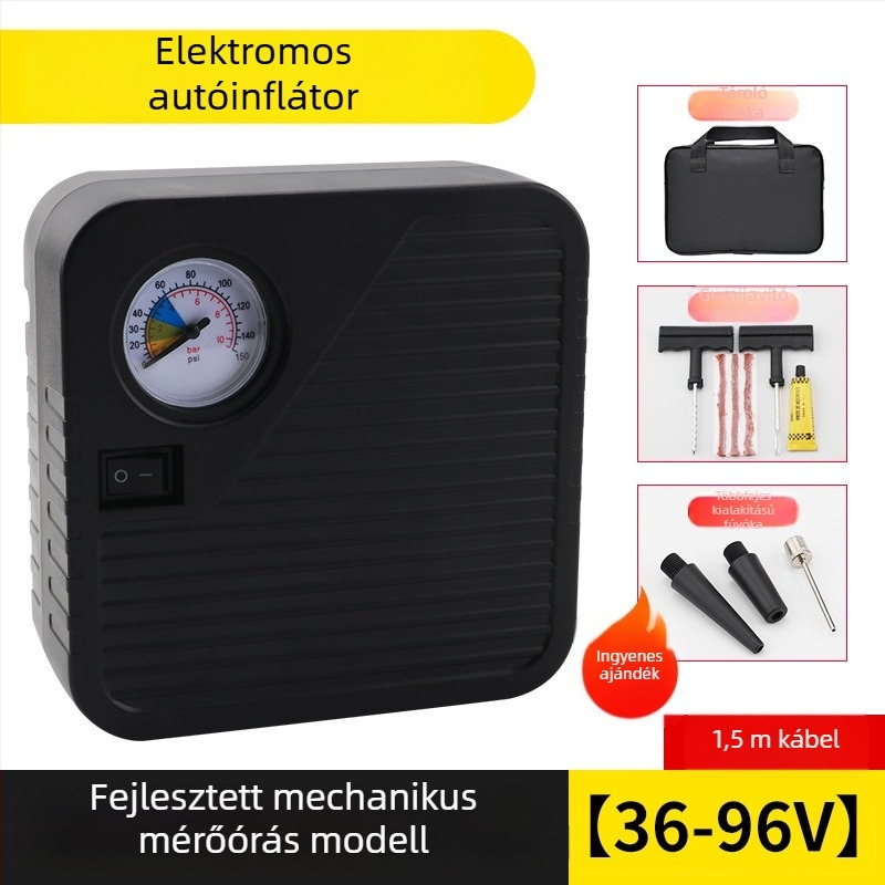 Hordozható autógumi-fújó pumpa, akkumulátoros, 36–96V, 120W, 5A