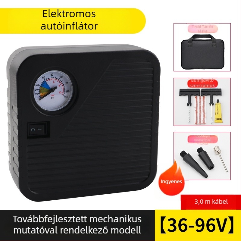Hordozható autógumi-fújó pumpa, akkumulátoros, 36–96V, 120W, 5A